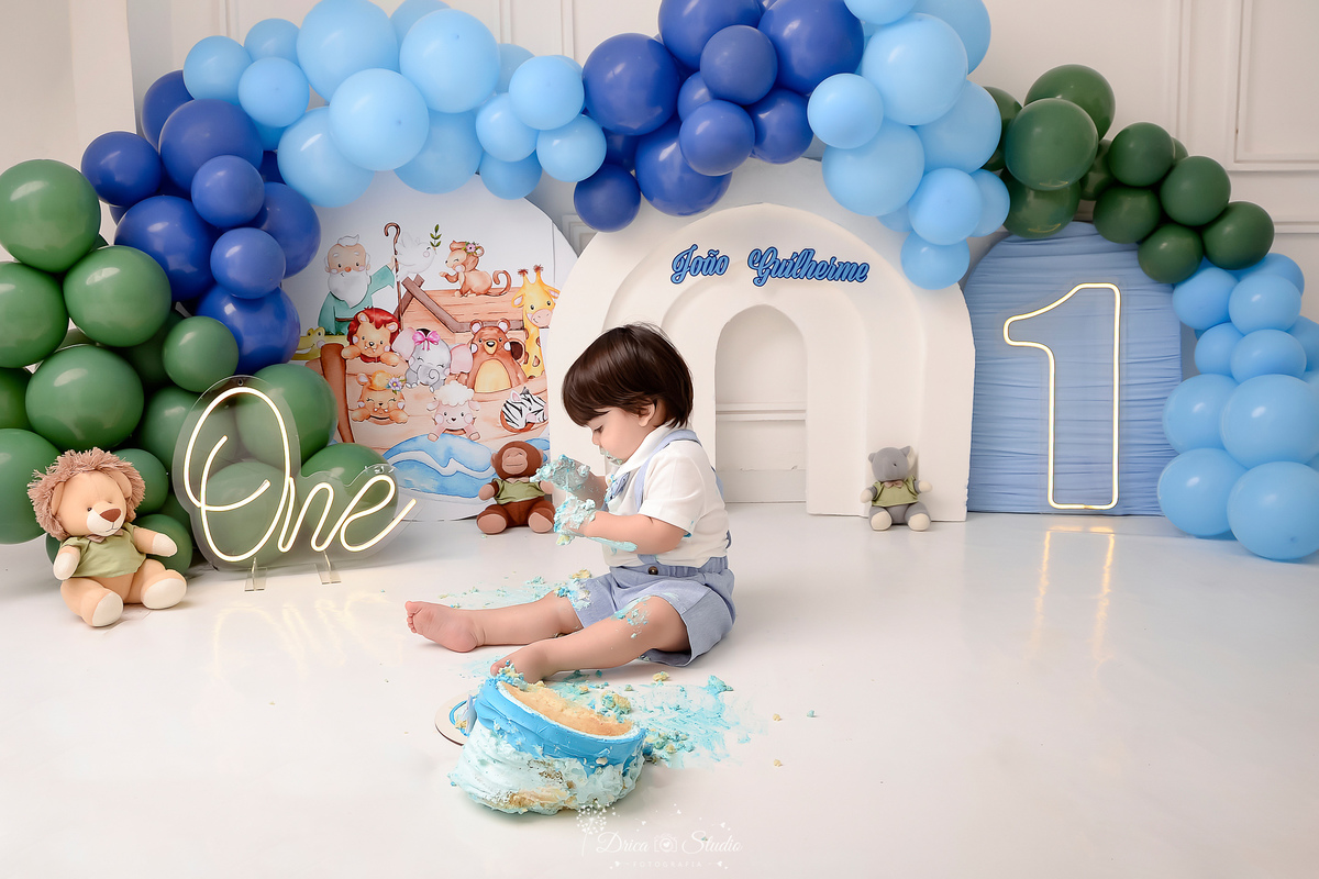 drica studio - smash the cake - tema arca de nóe - bebê devorando o bolo - balões azuis e verdes 