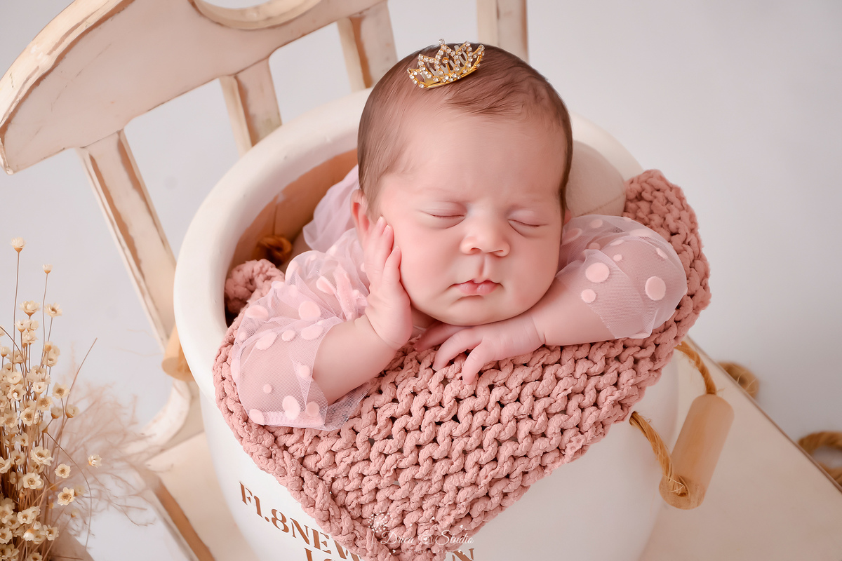 ensaio newborn - recém nascida - 11 dias de vida - drica studio - xinguara - pará - bebê em baldinho - usando bory rosa - mini coroa na cabeça 