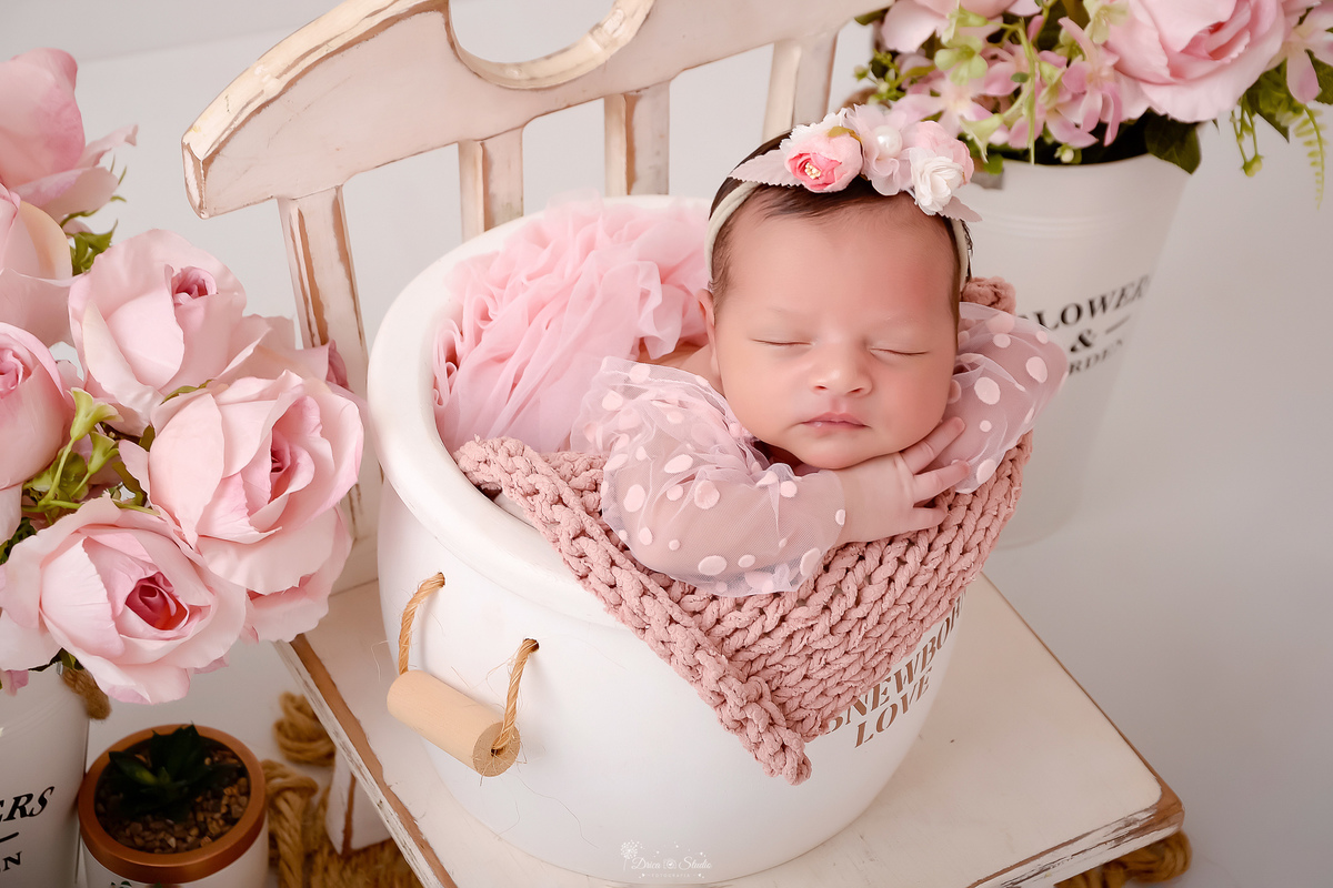 Newborn - primeiros dias - recém nascida - ensaio newborn - drica studio - xinguara - bebê usando bory rosa -  com laço de flor na cabeça - dentro de baldinho - com vasos de flores rosas ao lado - 