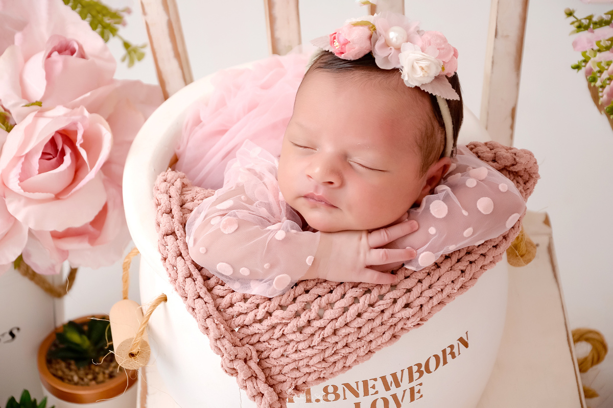 Newborn - primeiros dias - recém nascida - ensaio newborn - drica studio - xinguara - bebê dentro de baldinho - usando bory rosa - com laço de flor na cabeça -  vasos de rosas ao lado do baldinho - 