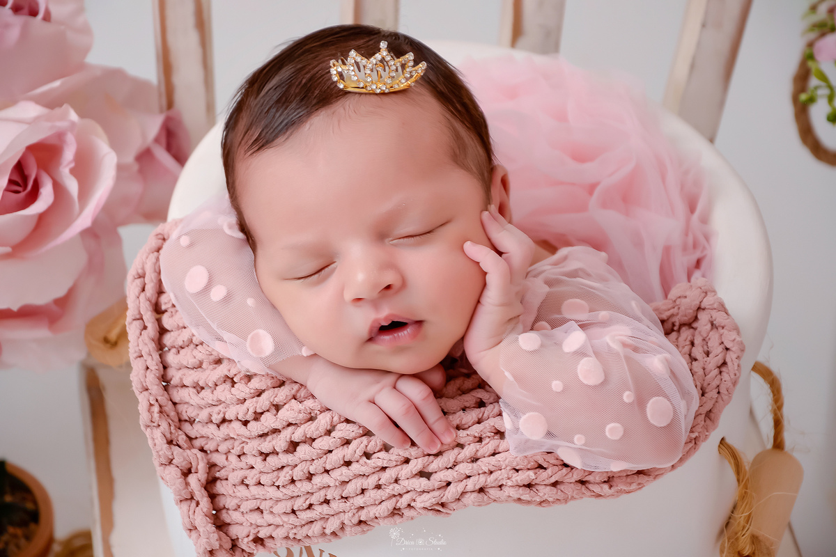 Newborn - primeiros dias - recém nascida - ensaio newborn - drica studio - xinguara - bebê dentro de baldinho - usando bory rosa - com mini coroa na cabeça - com uma das mãozinhas no rosto - 