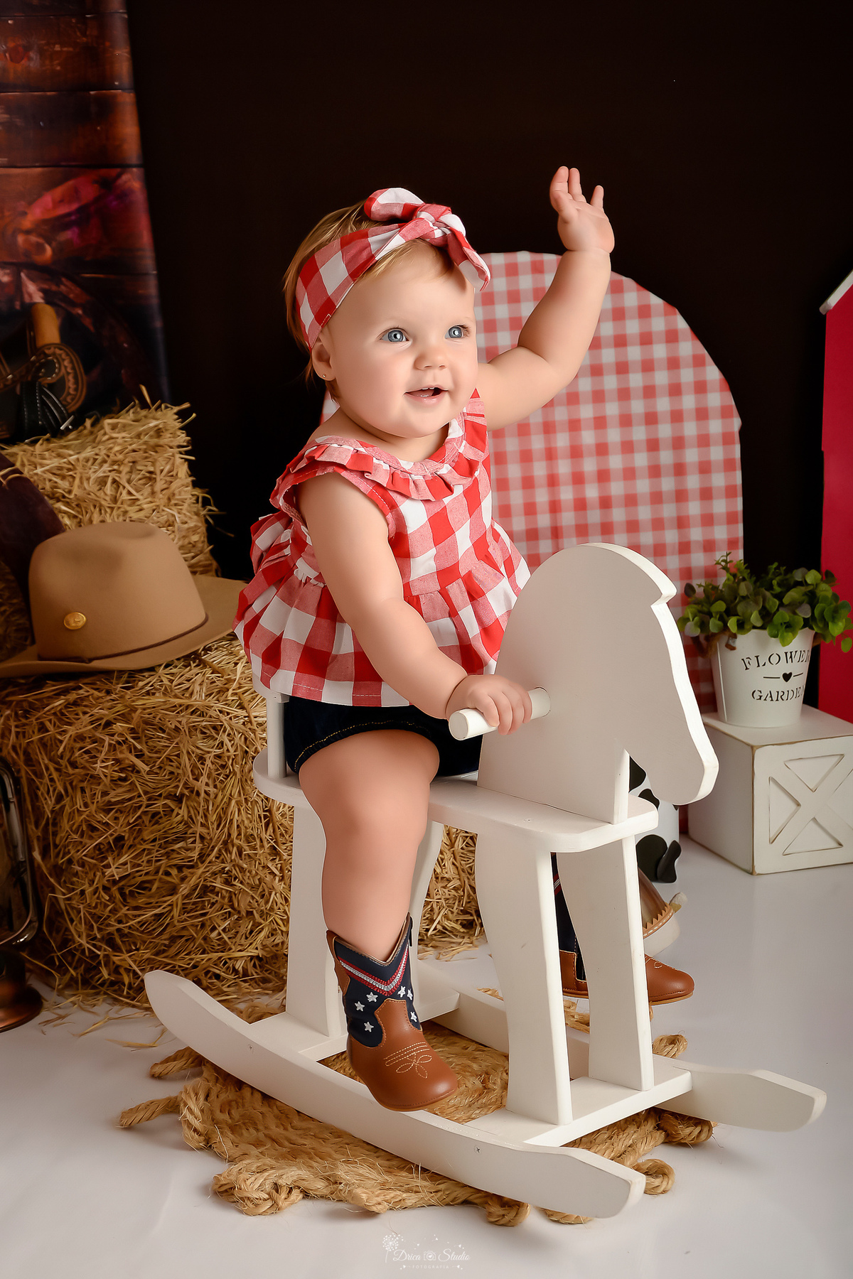 drica studio - acompanhamento mensal - cenário contruy - bota infantil - roupinhas xadrez - berrante - cavalinhos de madeiras - chapeu - 