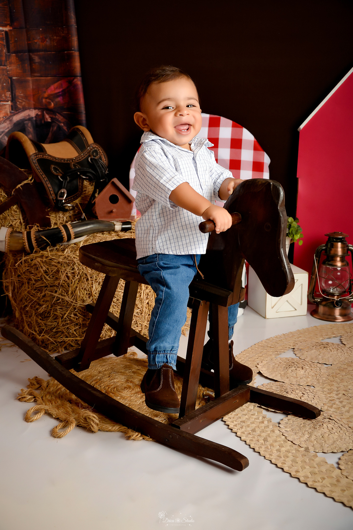 drica studio - acompanhamento mensal - cenário contruy - bota infantil - roupinhas xadrez - berrante - cavalinhos de madeiras - chapeu - 