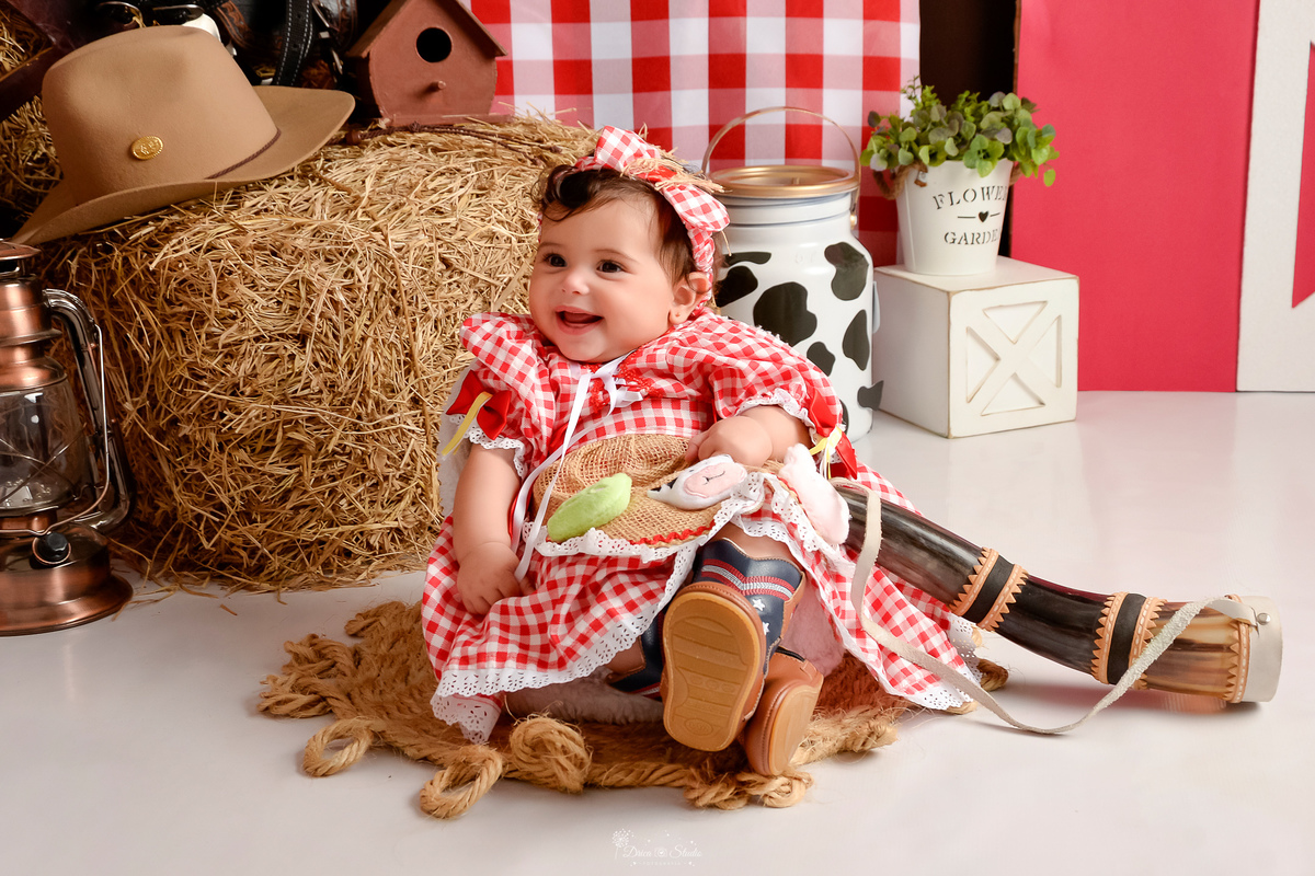 drica studio - acompanhamento mensal - cenário contruy - bota infantil - roupinhas xadrez - berrante - cavalinhos de madeiras - chapeu - 