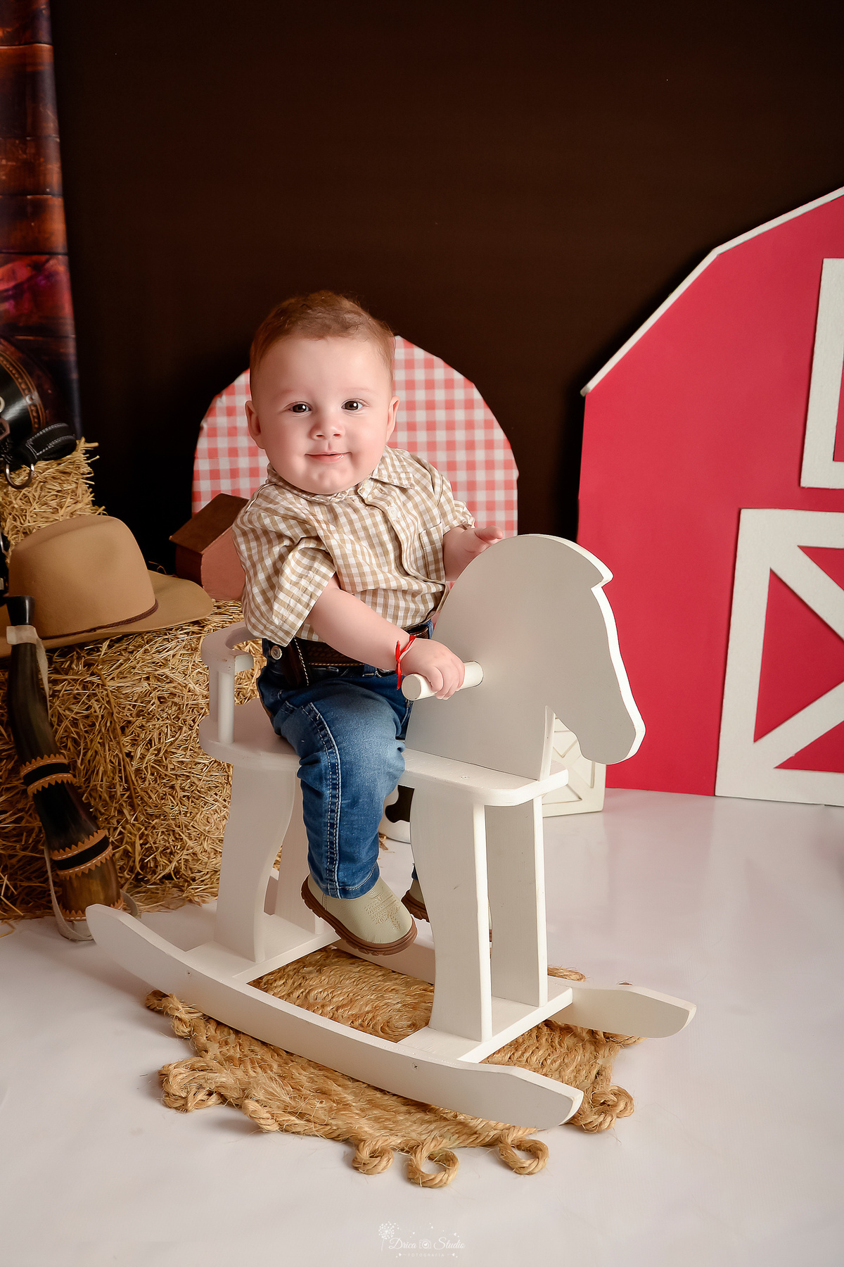 drica studio - acompanhamento mensal - cenário contruy - bota infantil - roupinhas xadrez - berrante - cavalinhos de madeiras - chapeu - 
