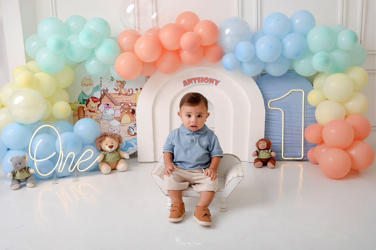Drica studio - ensaio infantil - ensaio de 1 ano - smash the cake - arca de noé - acompanhamneto mensal - tema arca de noé - cenário com balões nas cores azul bebe, verde, amarelo - tons pasteis - 1 de led - one de led - bichinhos de pelucia  