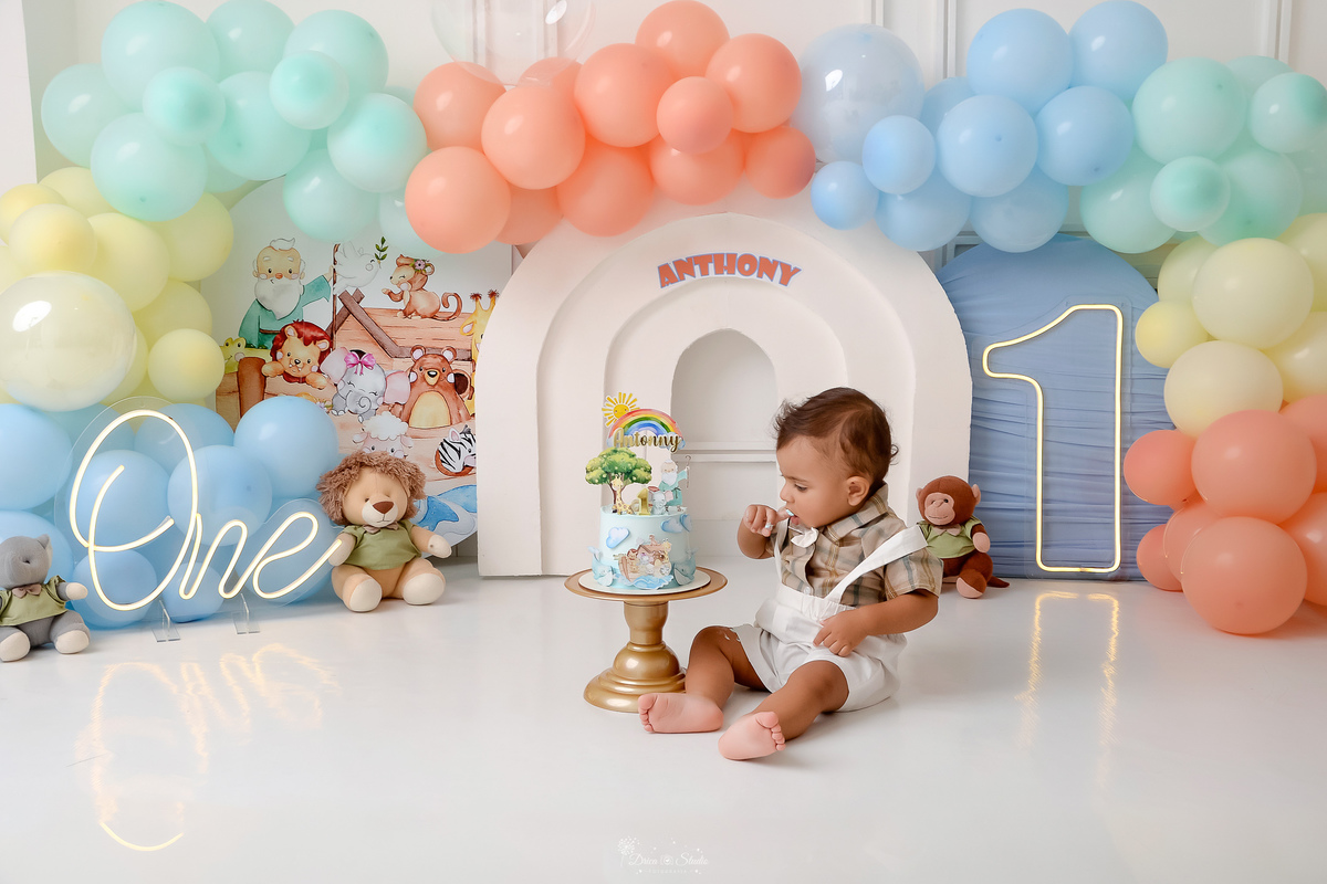 Drica studio - ensaio infantil - ensaio de 1 ano - smash the cake - arca de noé - acompanhamneto mensal - bebe tendo o primeiro contato com o bolo - arca de noé - balões coloridos em tons pasteis - 1 de led - one de led - bichinhos de pelucia - 