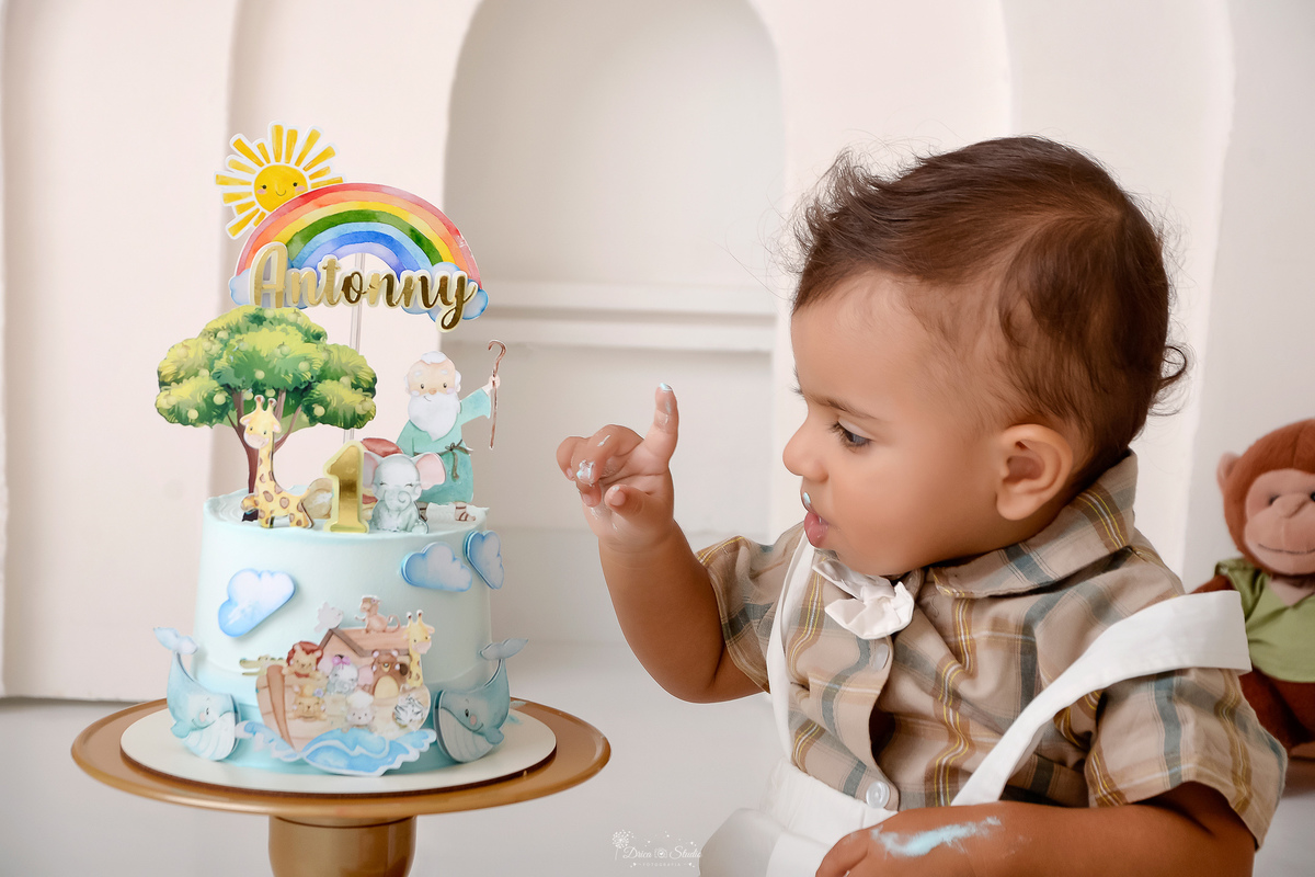 Drica studio - ensaio infantil - ensaio de 1 ano - smash the cake - arca de noé - acompanhamneto mensal - bebe olhando para o bolo - tema arca de noé - 
