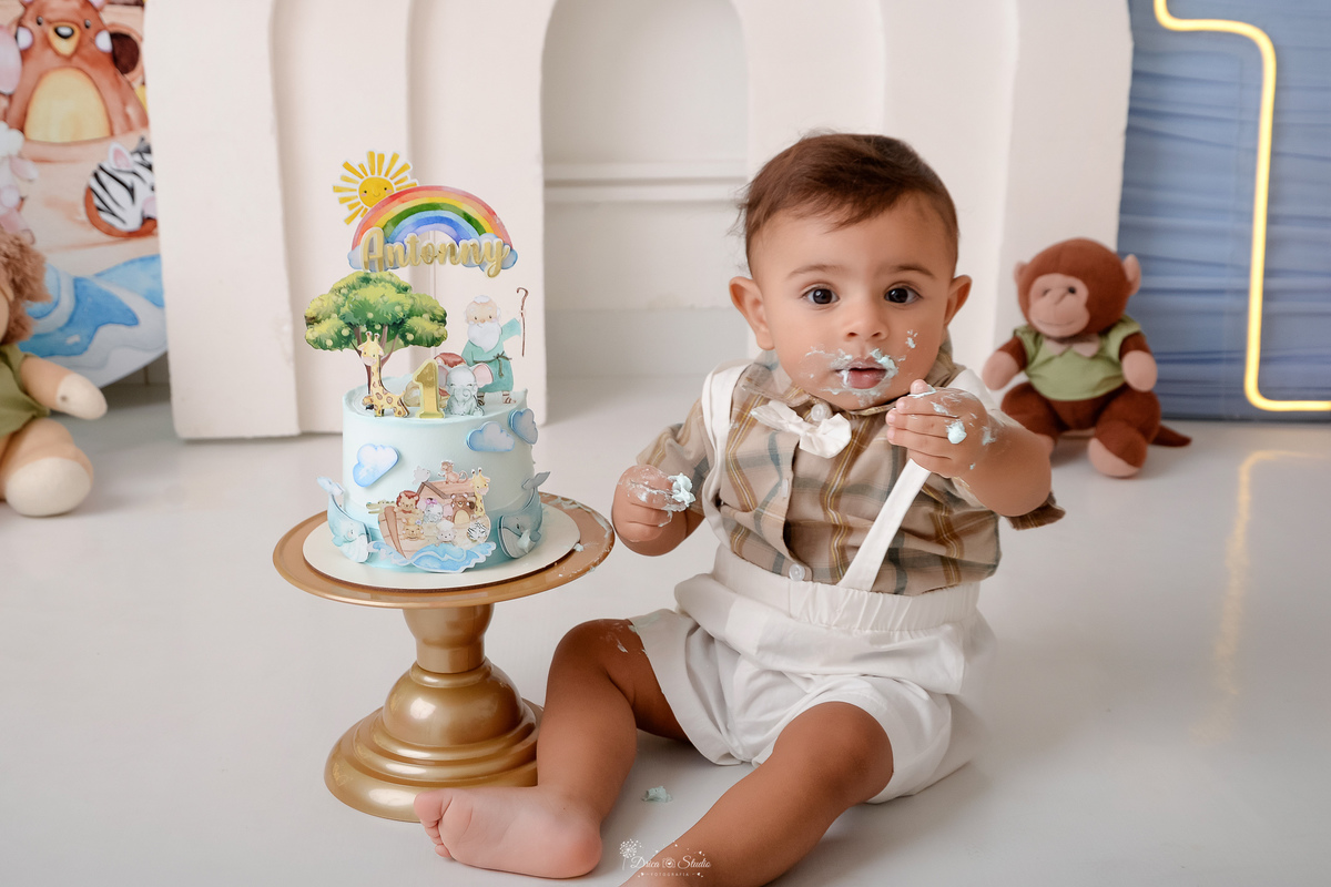 Drica studio - ensaio infantil - ensaio de 1 ano - smash the cake - arca de noé - acompanhamneto mensal - bebe comendo o bolo - bolo com tops de arca de noé - bichinhos de pelucia - 