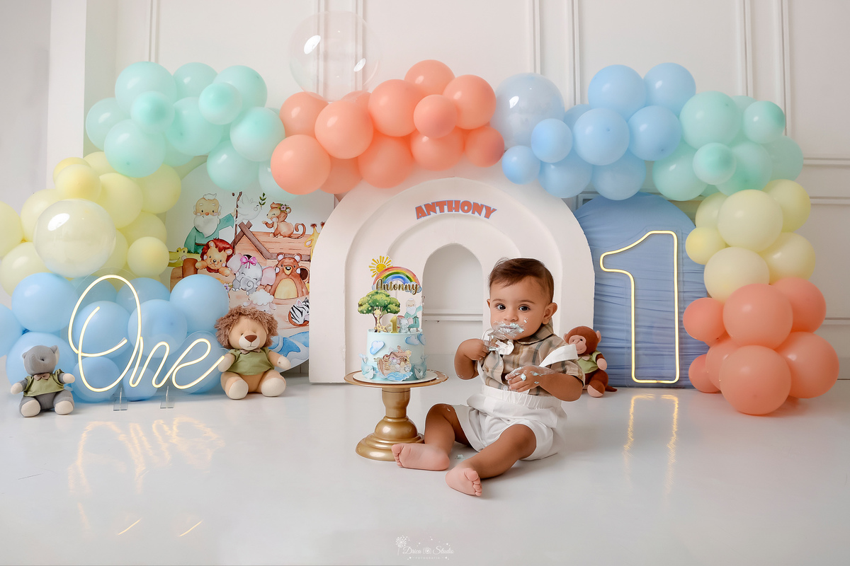 Drica studio - ensaio infantil - ensaio de 1 ano - smash the cake - arca de noé - acompanhamneto mensal - cenário de arca de noé - com balões coloridos em tons pasteis - bebe  comendo o bolo - 1 de led - one de led - bichinhos de pelucia  