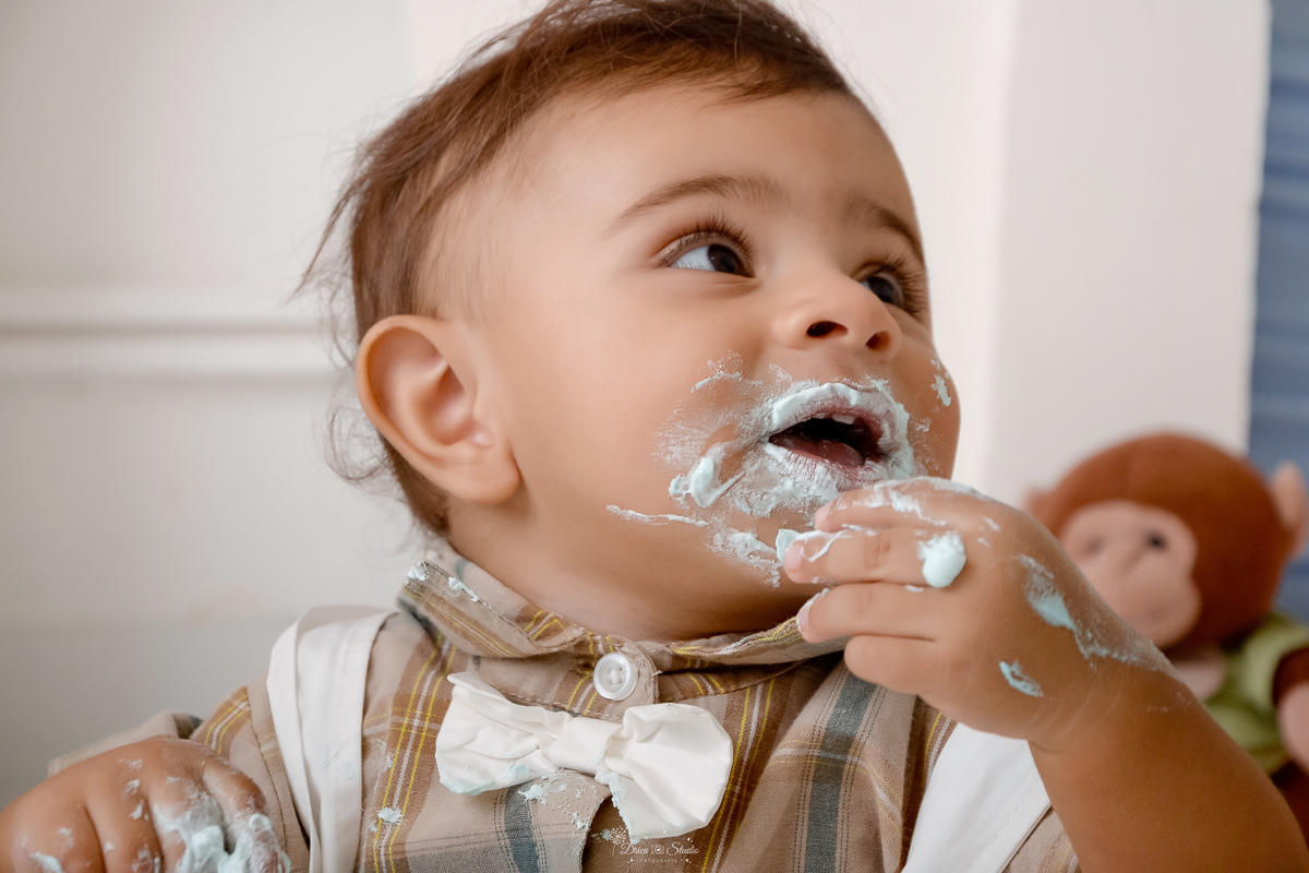Drica studio - ensaio infantil - ensaio de 1 ano - smash the cake - arca de noé - acompanhamneto mensal - foto do rostinho do bebê - com a boca seja de bolo 