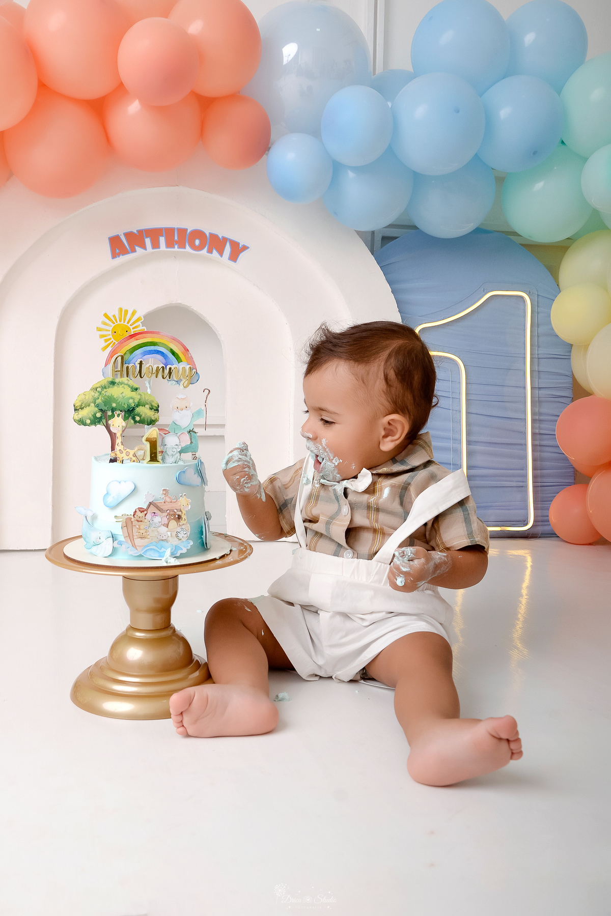 Drica studio - ensaio infantil - ensaio de 1 ano - smash the cake - arca de noé - acompanhamneto mensal - araca de noé - bebe comendo o bolo 