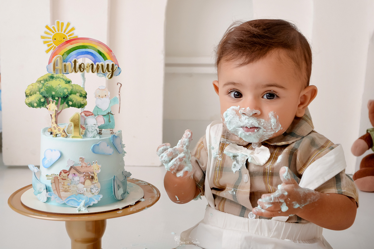 Drica studio - ensaio infantil - ensaio de 1 ano - smash the cake - arca de noé - acompanhamneto mensal - tema arca de noé - bebe comendo o bolo 
