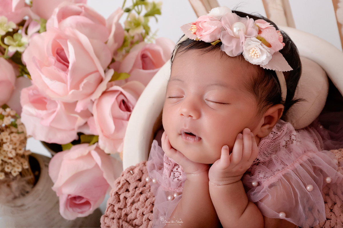bebe usando vestido rosa - laço de flores na cor rosa - dentro de meni baldinho - ao lado de vasos de flores rosas - newborn 11 dias de vida - primeiros dias de vida - menina - baby - drica studio - xinguara - pará 