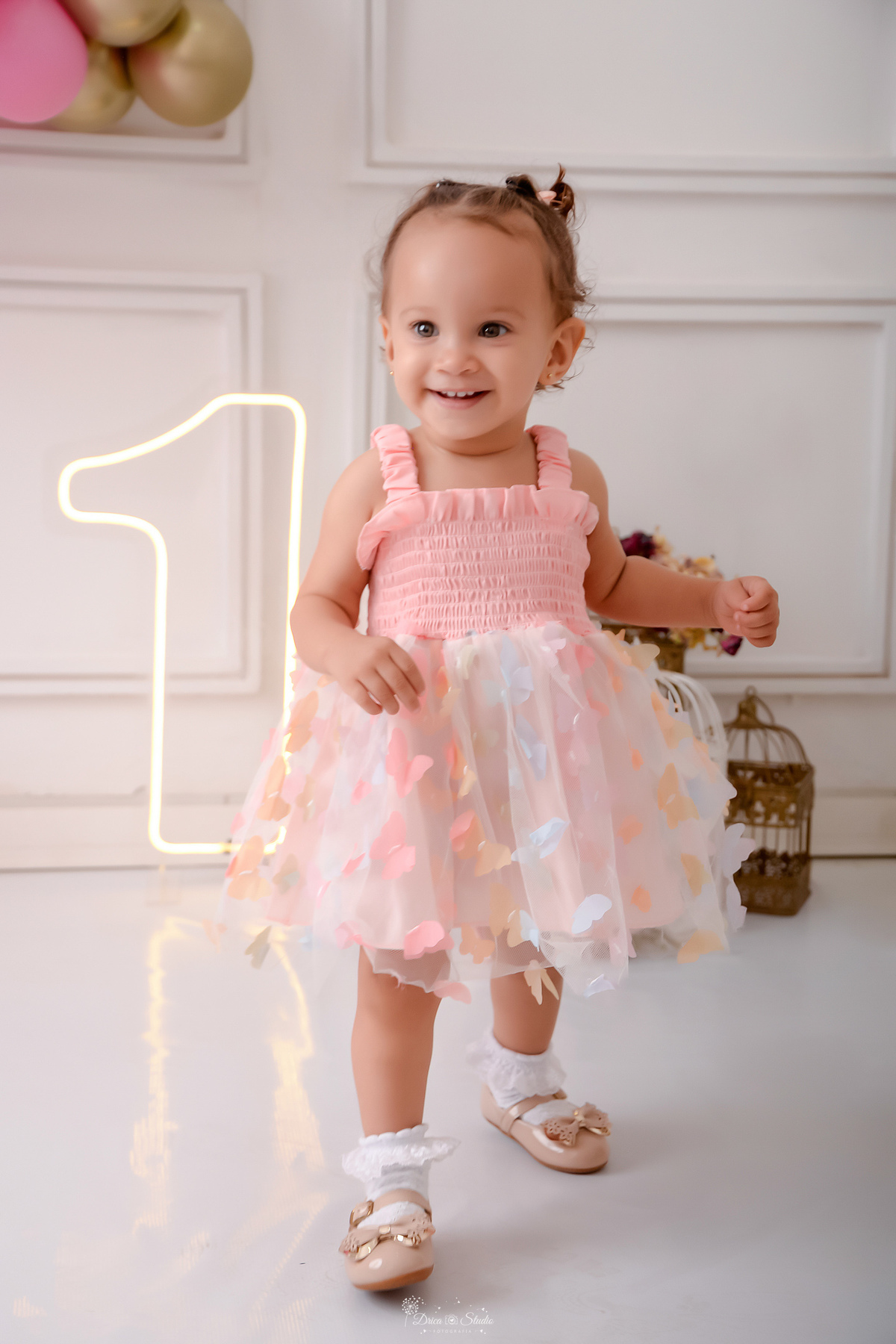 smash the cake - 1 aninho - ensaio infantil - primeiro aninho - drica studio - xinguara - pará - 1 led - bebe usando vestido na cor rosa com borboletas - 