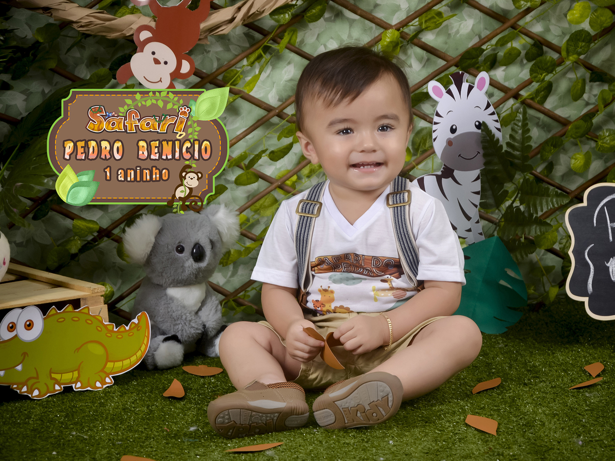 ensaio Smash tema safári em uma paisagem montada com fundo verde cipo de papel com macacos pendurado, zebra e coala e afrente a criança sentada sorrindo. Drica Studio Fotografia. Fotógrafa Infantil- Fotógrafo em Xinguara-Fotógrafo de Criança- Ensaio bebê.