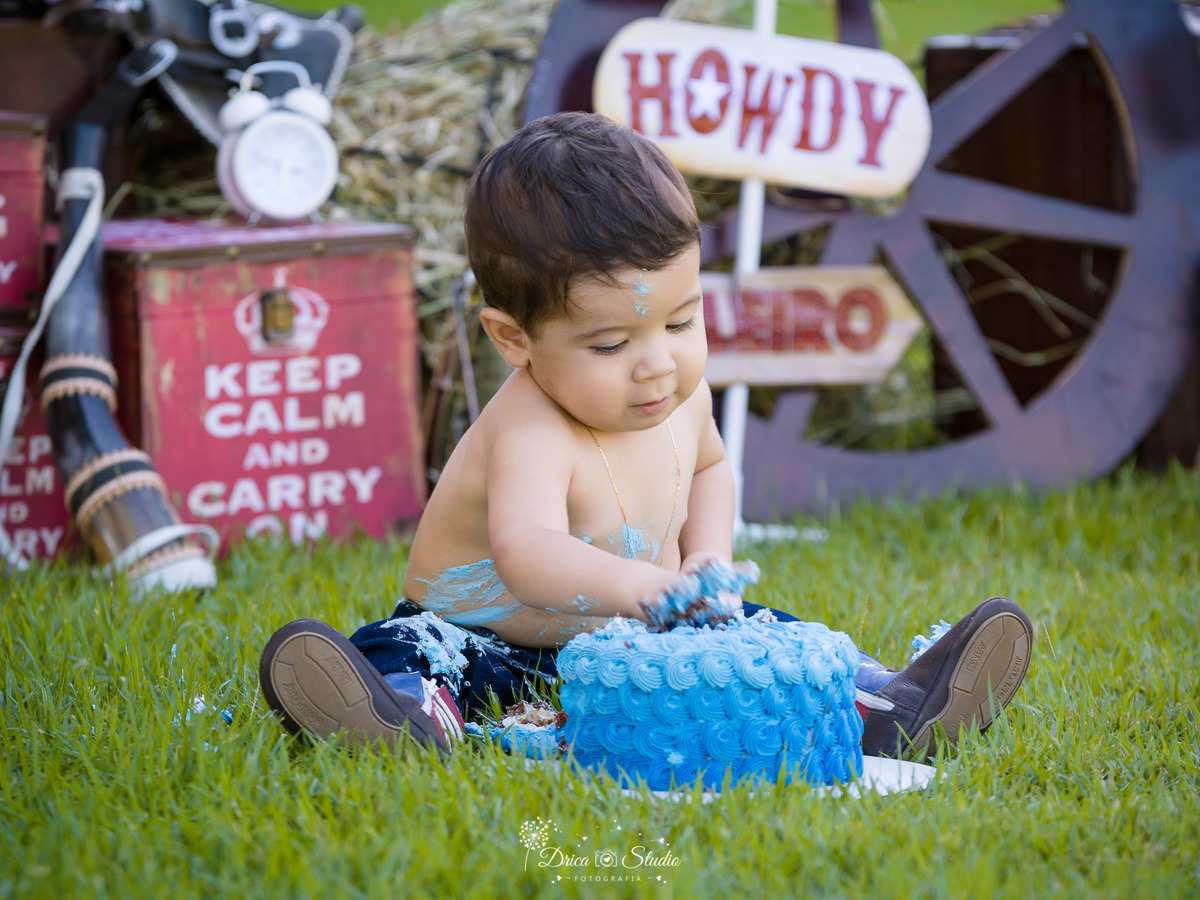 smash the cake - smash the cake menino - smash externo -  smash the cake fazendinha - foto ao ar livre  - fotografo em xinguara- xinguara- Pará - ensaio infantil country - joão henrique com chapéu country - esmagando o bolo 
