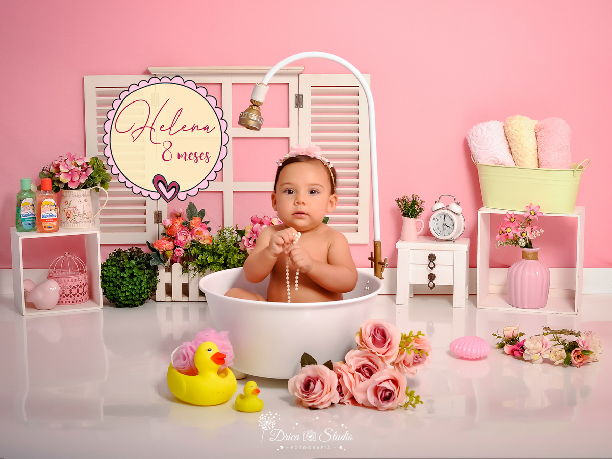 Cenário - Sessão de fotos - meu mundo rosa - banheira - banho divertido - acompanhamento - fotos de bebês banhando - infantil - ideias criativas de cenários - Xinguara - Pará - Drica studio 