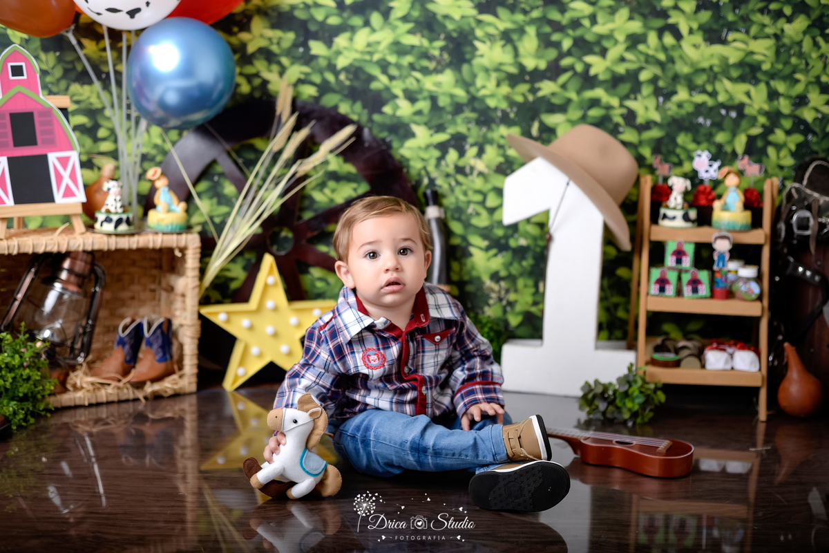 Fazendinha - Cenário - smash de cake - Fotografia - fotos de 1 ano - Cenário para aniversario - fazenda - bolo - bagunça - Xinguara - Pará - Drica Studio - bebê - country - chapéu 