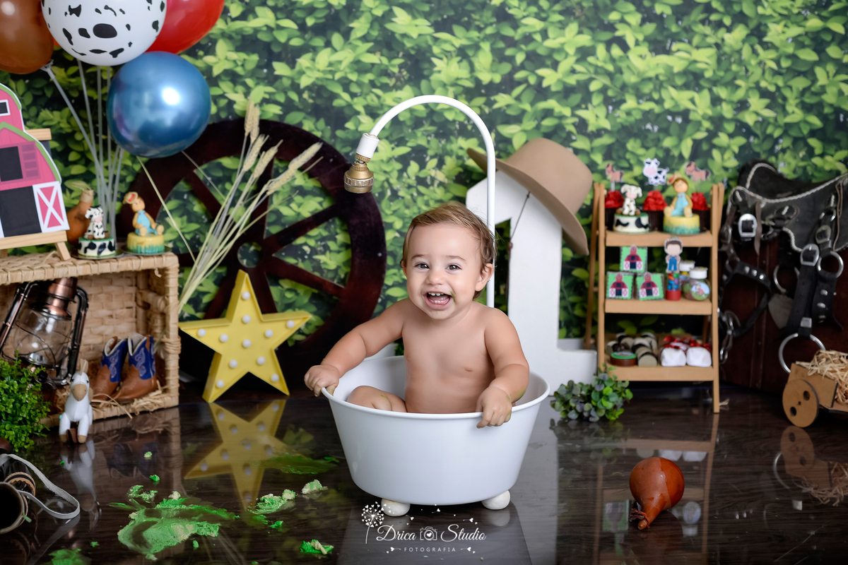 Fazendinha - Cenário - smash de cake - Fotografia - fotos de 1 ano - Cenário para aniversario - fazenda - bolo - bagunça - Xinguara - Pará - Drica Studio - bebê - country - banho feliz