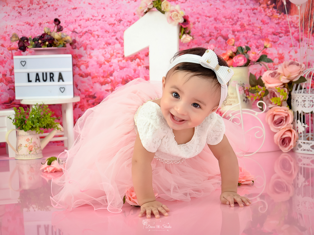 Smash de cake - aniversário - rosa - cenário - menina - princesa - jardim - flores - meu mundo rosa - 1 ano - meu primeiro aninho - banho - banheira - Xinguara - Drica studio - fotografia - Pará