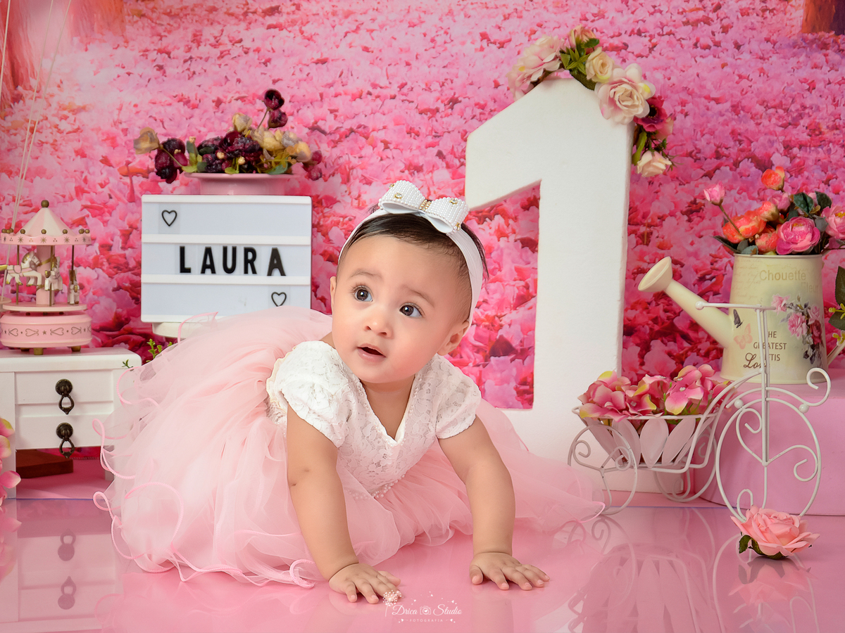 Smash de cake - aniversário - rosa - cenário - menina - princesa - jardim - flores - meu mundo rosa - 1 ano - meu primeiro aninho - banho - banheira - Xinguara - Drica studio - fotografia - Pará