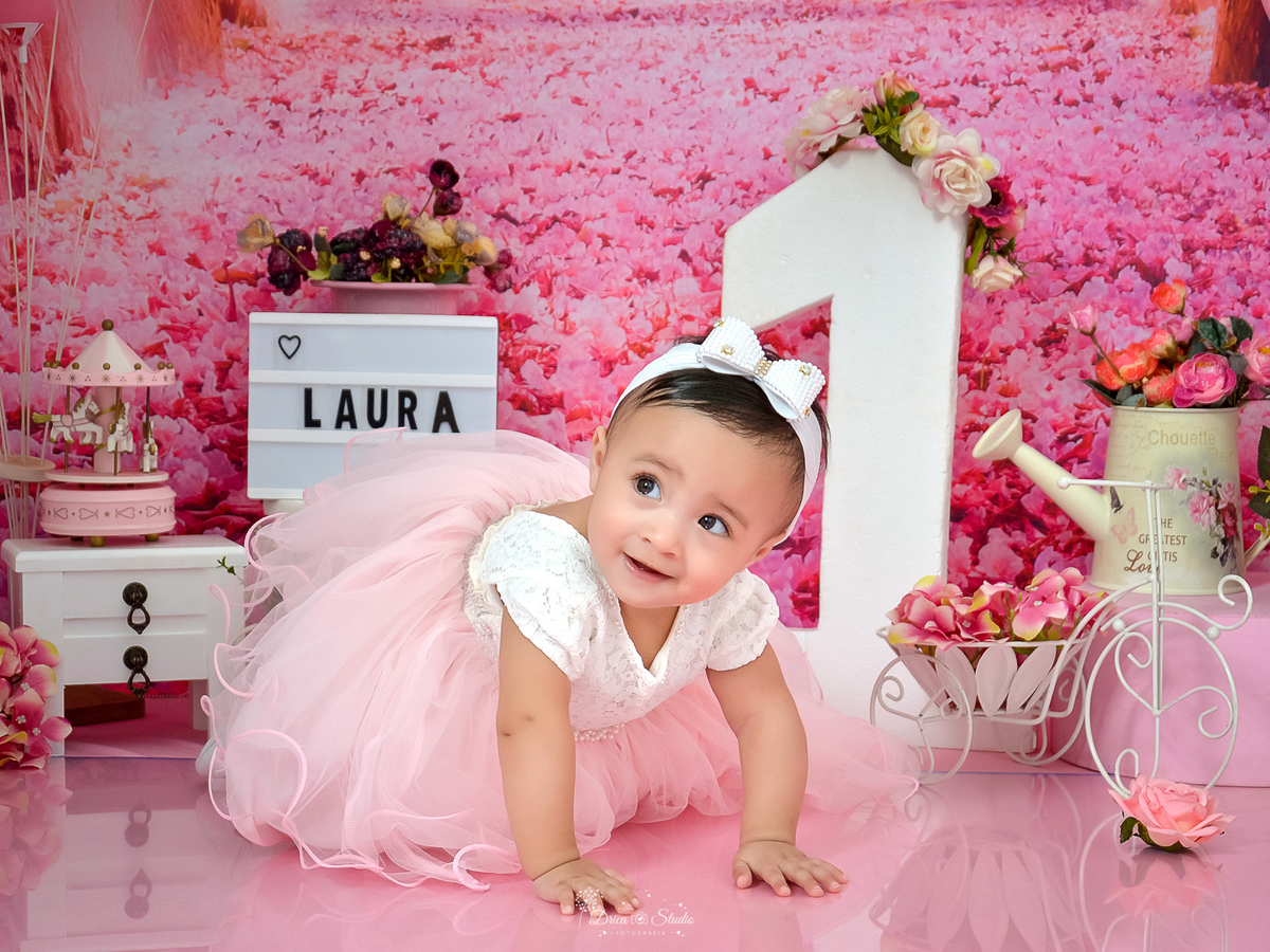 Smash de cake - aniversário - rosa - cenário - menina - princesa - jardim - flores - meu mundo rosa - 1 ano - meu primeiro aninho - banho - banheira - Xinguara - Drica studio - fotografia - Pará