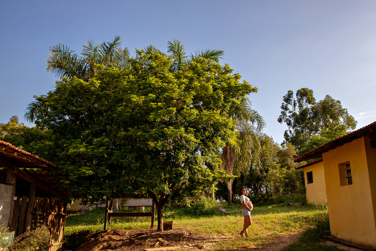 Mulher GRÁVIDA com a BARRIGA de fora, posando em ENSAIO GESTANTE em um SÍTIO, em click do FOTÓGRAFO de GESTANTE.