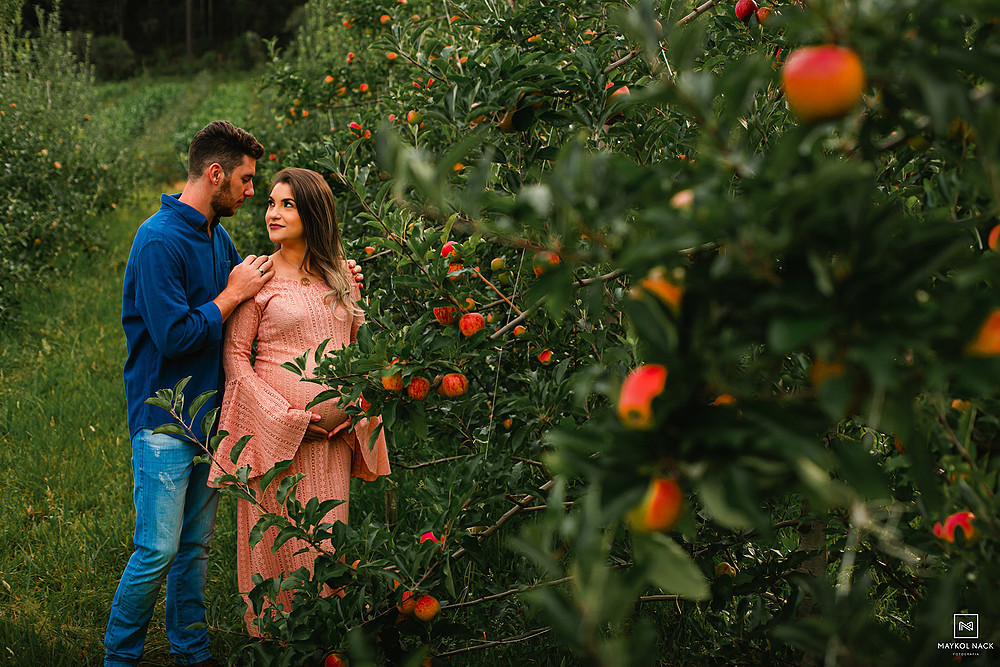 casal de gestante no pomar de maça