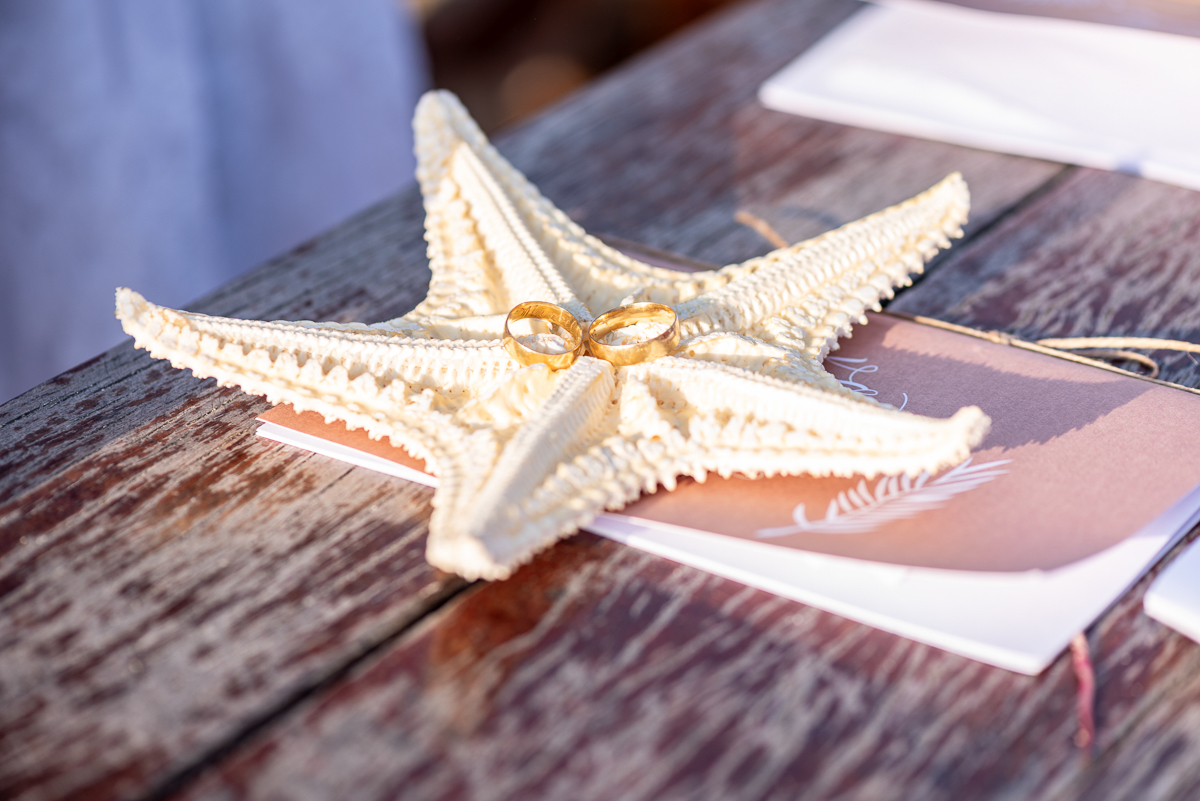 Alianças dos noivos na praia
