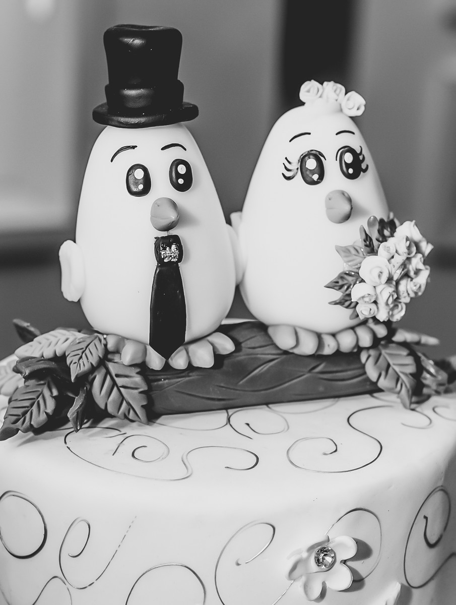 Fotografia do detalhe do topo do bolo dos noivos  durante a festa de casamento no Buffet Espaço Free em Praia Grande - Cia P&B - Fotografia