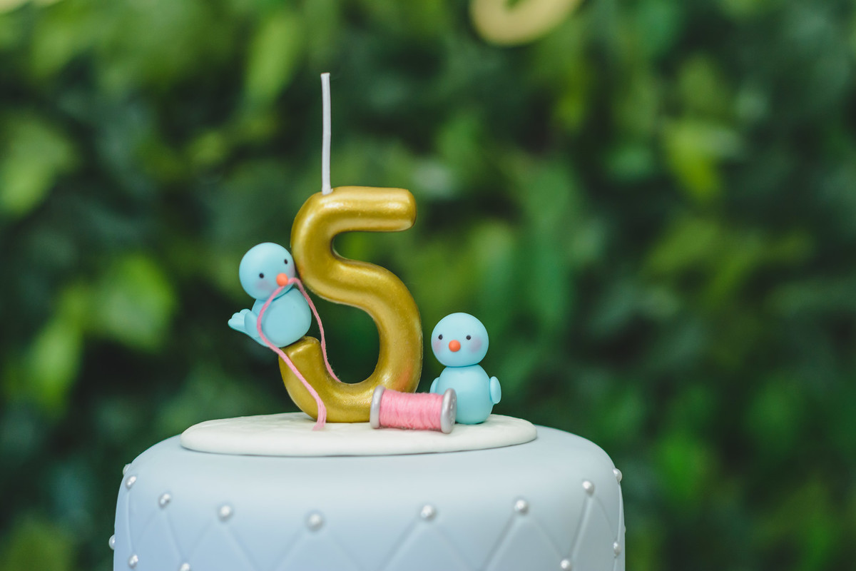 Fotografia do detalhe do topo do bolo vela da festa infantil de 5 anos com os passarinhos da história da Cinderela em São Paulo - Cia P&B -Fotografia