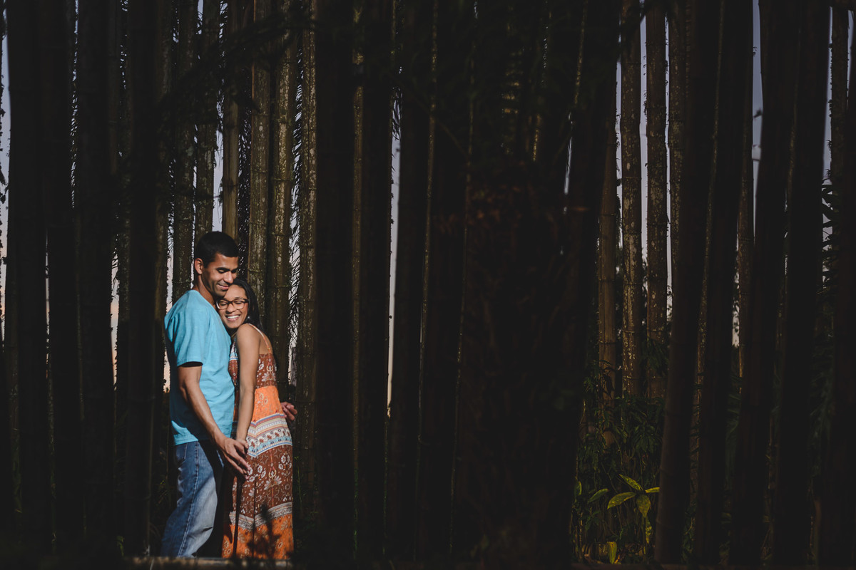 Foto dos Noivos encostados de mãos dadas com árvores ao fundo e o sol iluminando no ensaio pré wedding - Jardim Botânico - Curitiba - fotografia Cia P&B Produções 