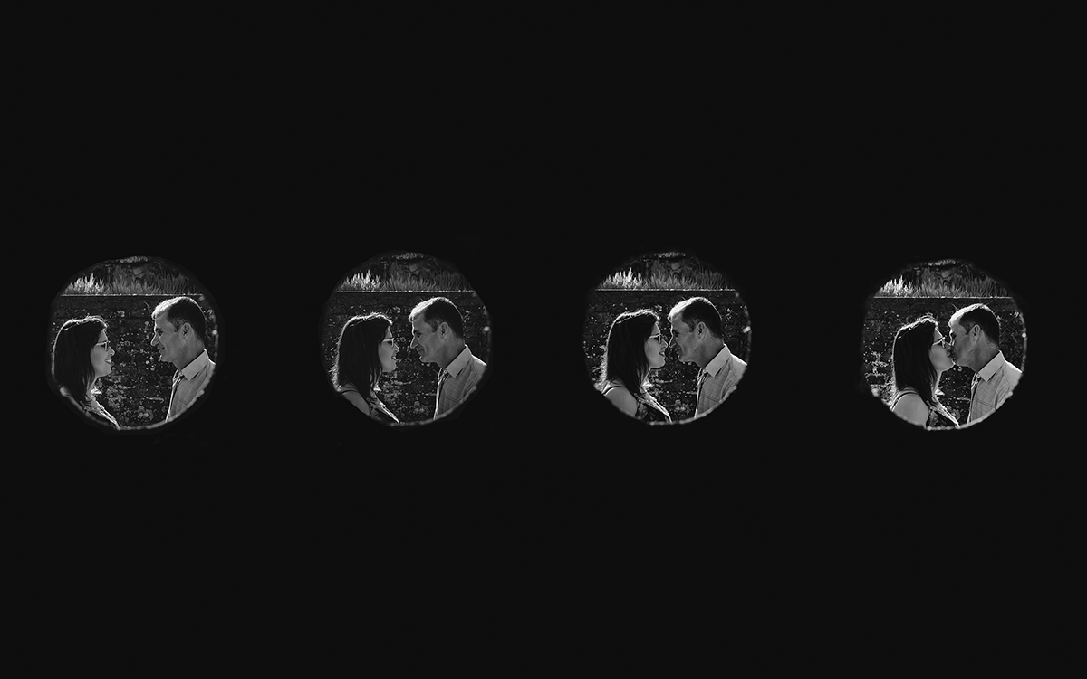 Foto criativa da sequência do beijo da casal no ensaio pré wedding- Iperó - SP- fotografia Cia P&B Produções 