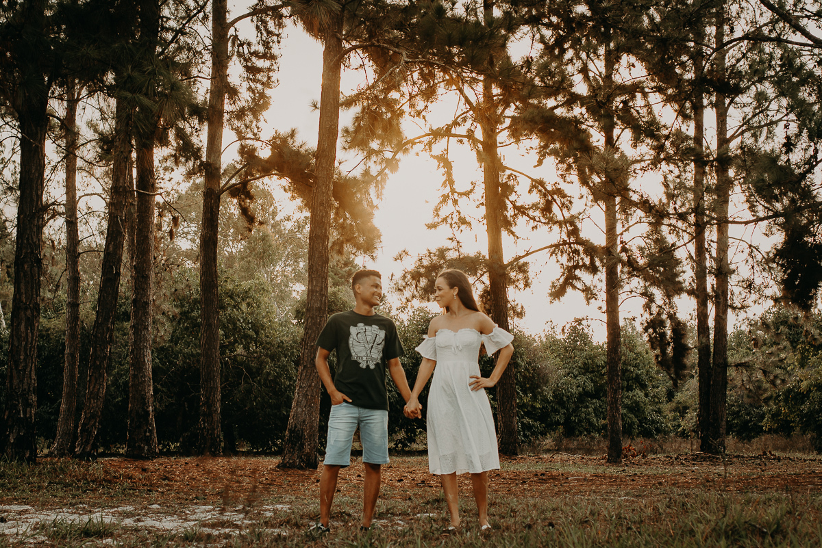noivos de mãos dadas e ao fundo o por do sol