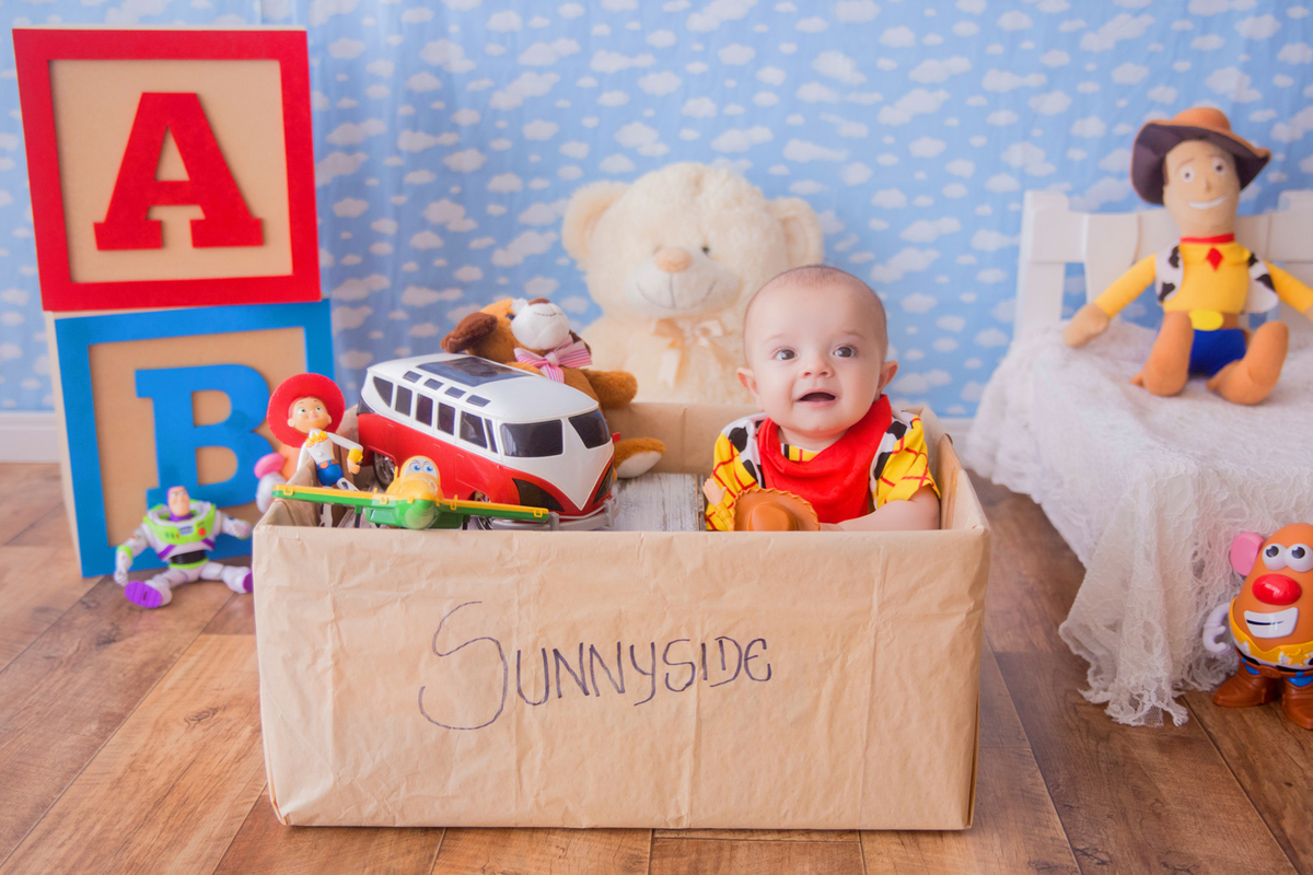 o bebê woody está sentado dentro da caixa em suas fotos de acompanhamento mensal