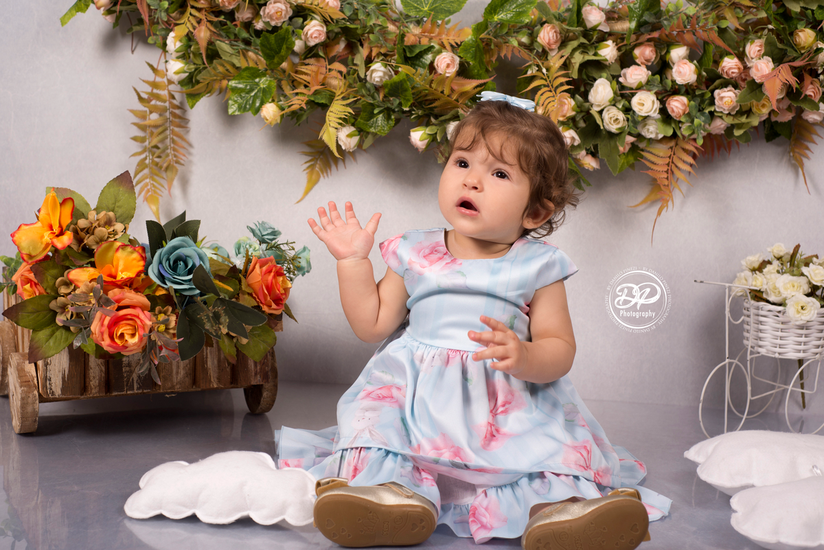 Ensaio de primavera com flores feito pra bebê menina no estúdio Danilo Pinezi Fotografia em Bariri SP