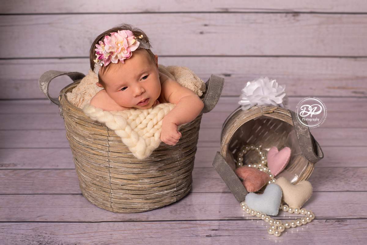 Newborn de menina executado em Bariri, pose no baldinho com corações, estúdio Danilo Pinezi Fotografia