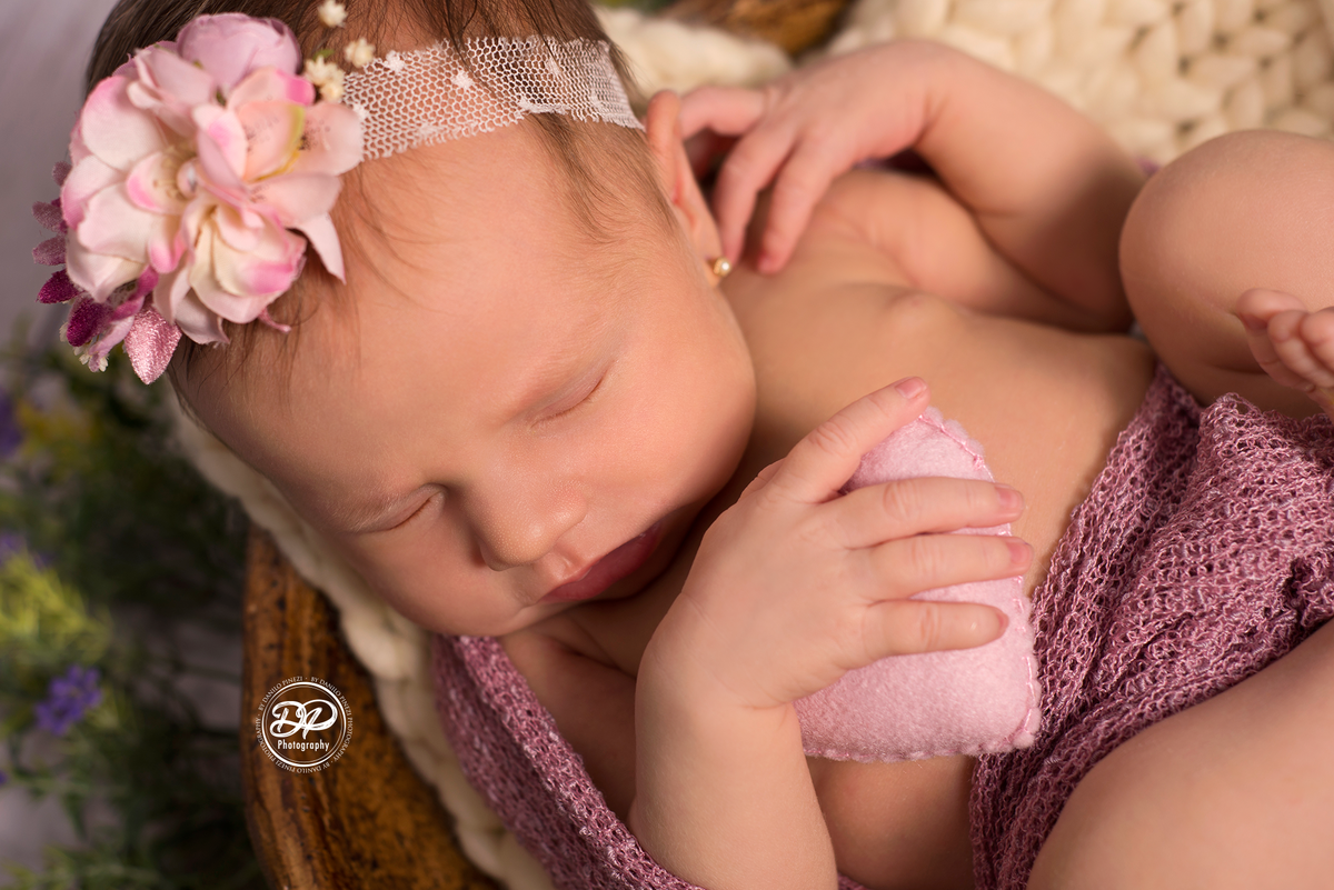 Newborn de menina executado em Bariri, pose ninho, dentro de uma gamela com coração, estúdio Danilo Pinezi Fotografia