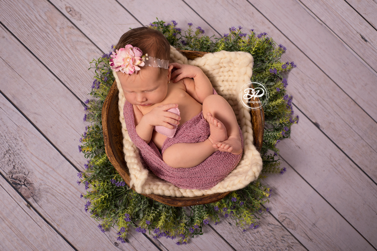 Newborn de menina executado em Bariri, pose ninho, dentro de uma gamela com coração, estúdio Danilo Pinezi Fotografia