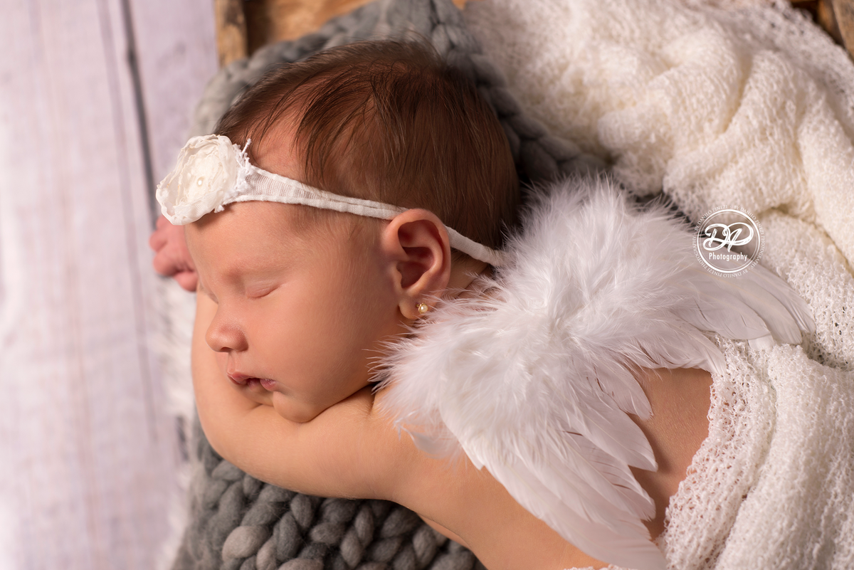 Newborn de menina executado em Bariri, deitada, dentro de carrinho de mão com asinha de anjo e nuvens de feltro, estúdio Danilo Pinezi Fotografia