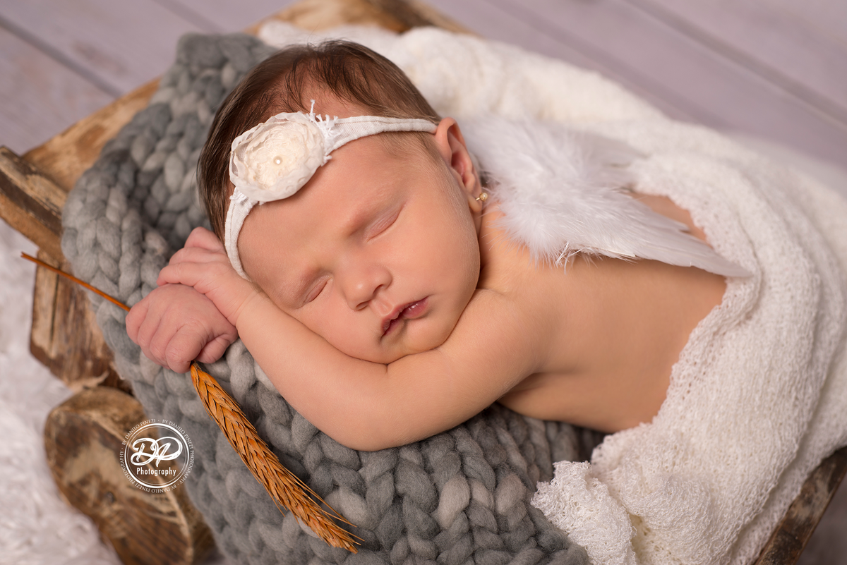 Newborn de menina executado em Bariri, deitada, dentro de carrinho de mão com asinha de anjo e nuvens de feltro, estúdio Danilo Pinezi Fotografia