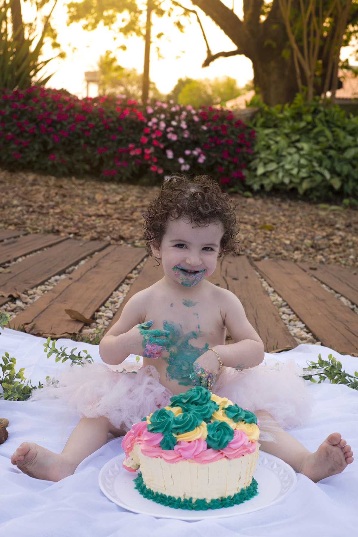 smash the cake externo, feito em Bariri com bebê menina e um jardim lindo