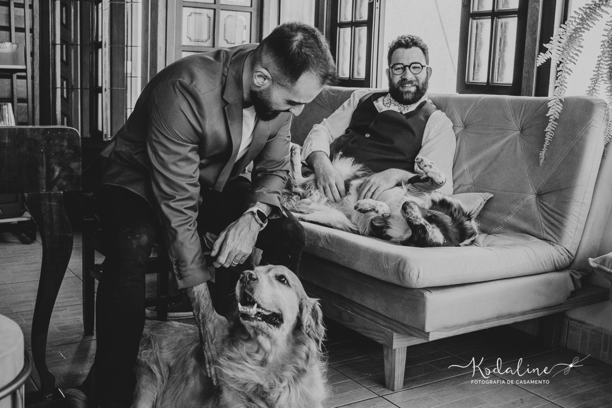 ensaio de casal com cachorros em casa