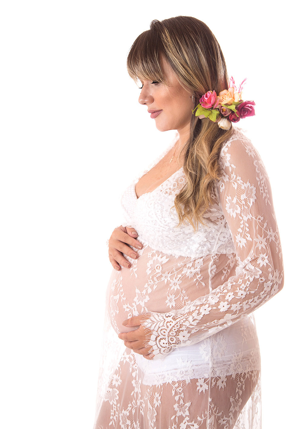 Fotografia da gestante no Estúdio Edna Rosa Fotografia. A gravida usa roupa 