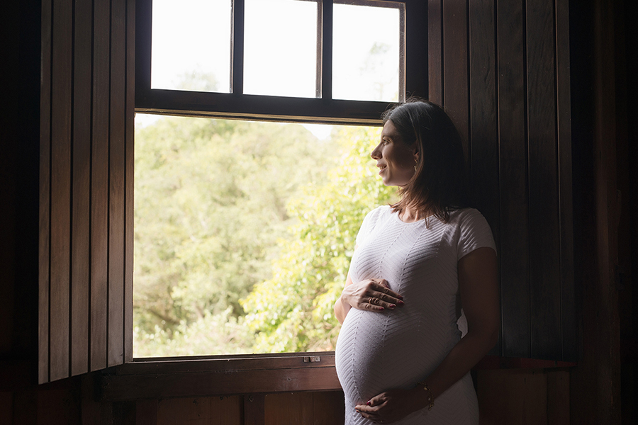 gestante olhando para o horizonte em janela de madeira  em Caxias do Sul