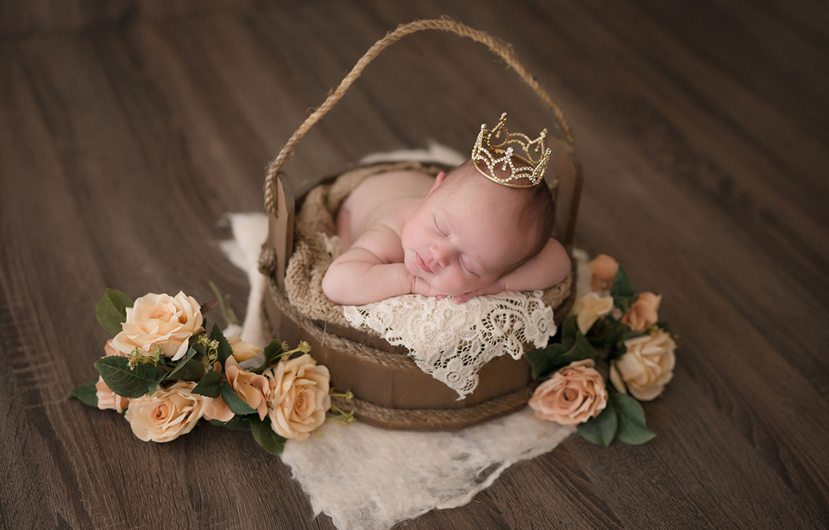 fotografia newborn Caxias do Sul Morgana Perini, menina no cesto com flores