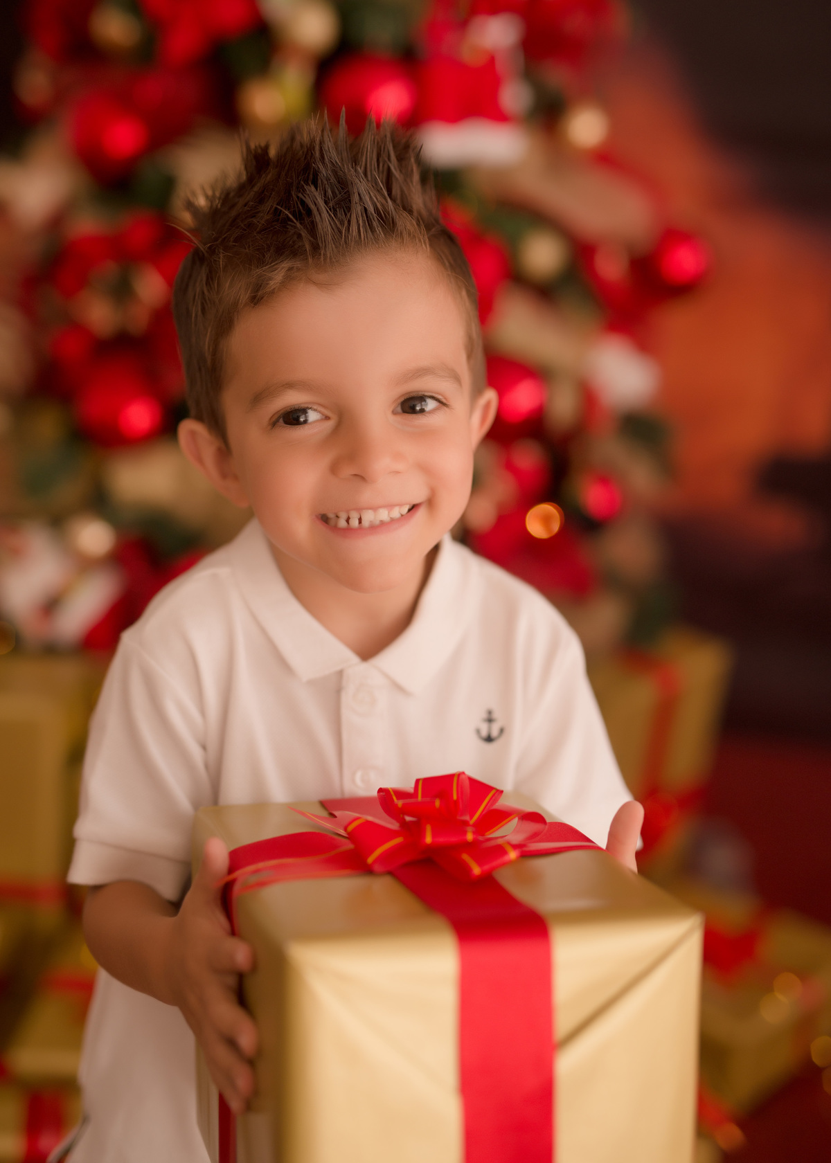 foto de familia em caxias do sul fotografa morgana perini menino com presente na mão