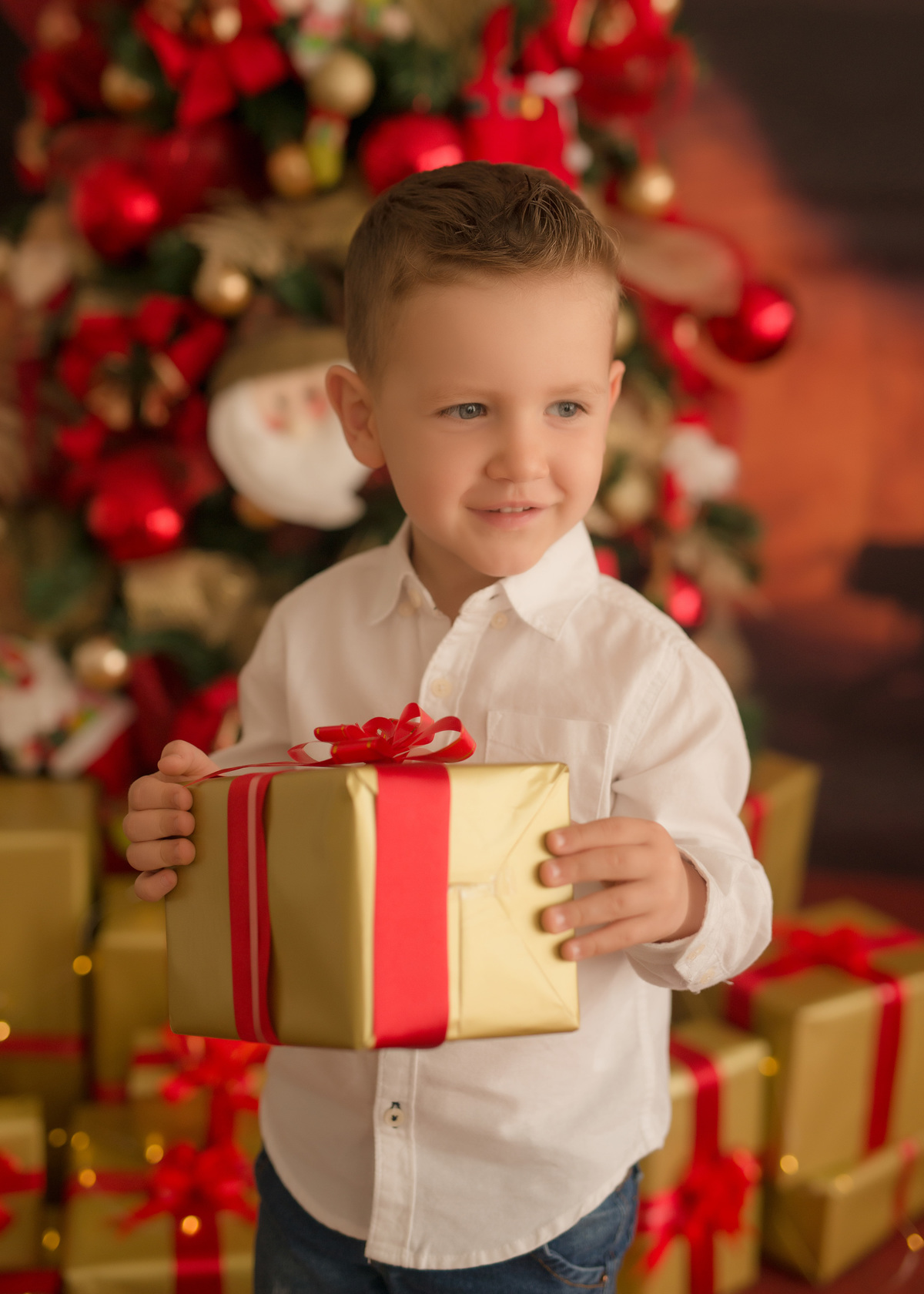 foto de familia em caxias do sul fotografa morgana perini menino olhos azuis segurando presente