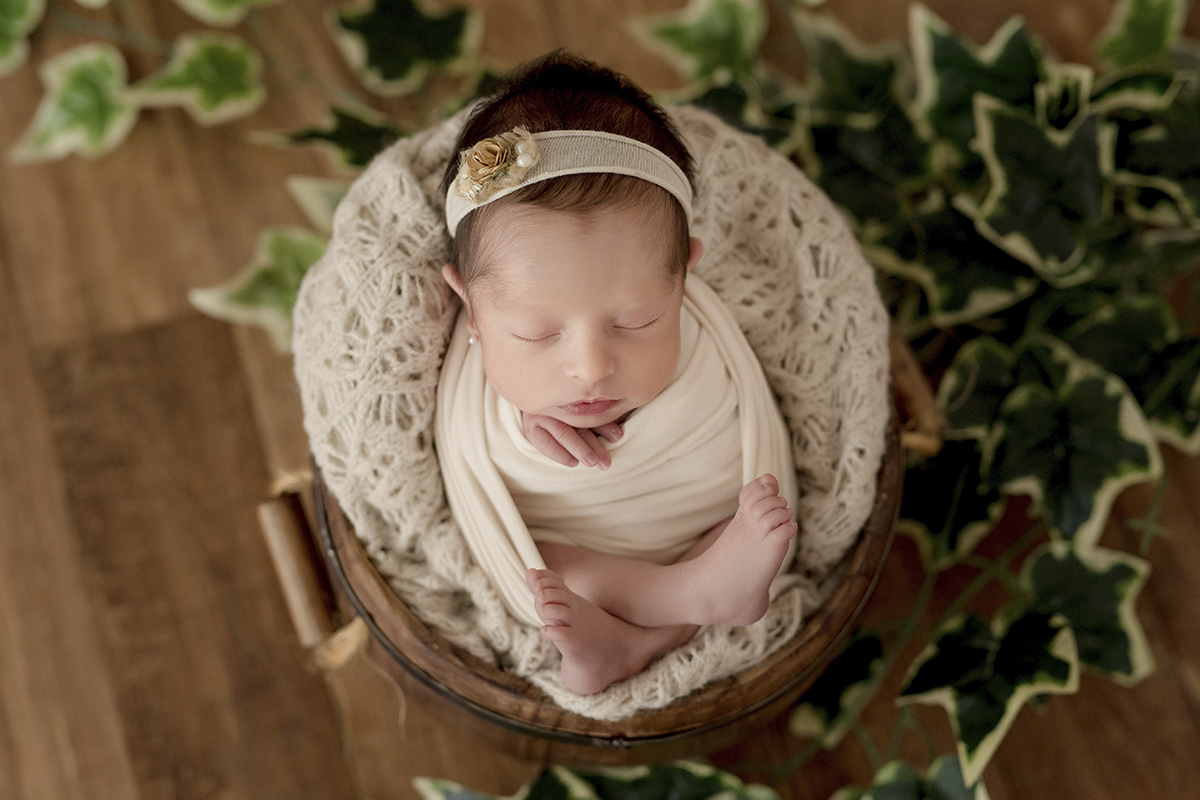 foto newborn em caxias do sul fotografa morgana perini  menina folhas verdes
